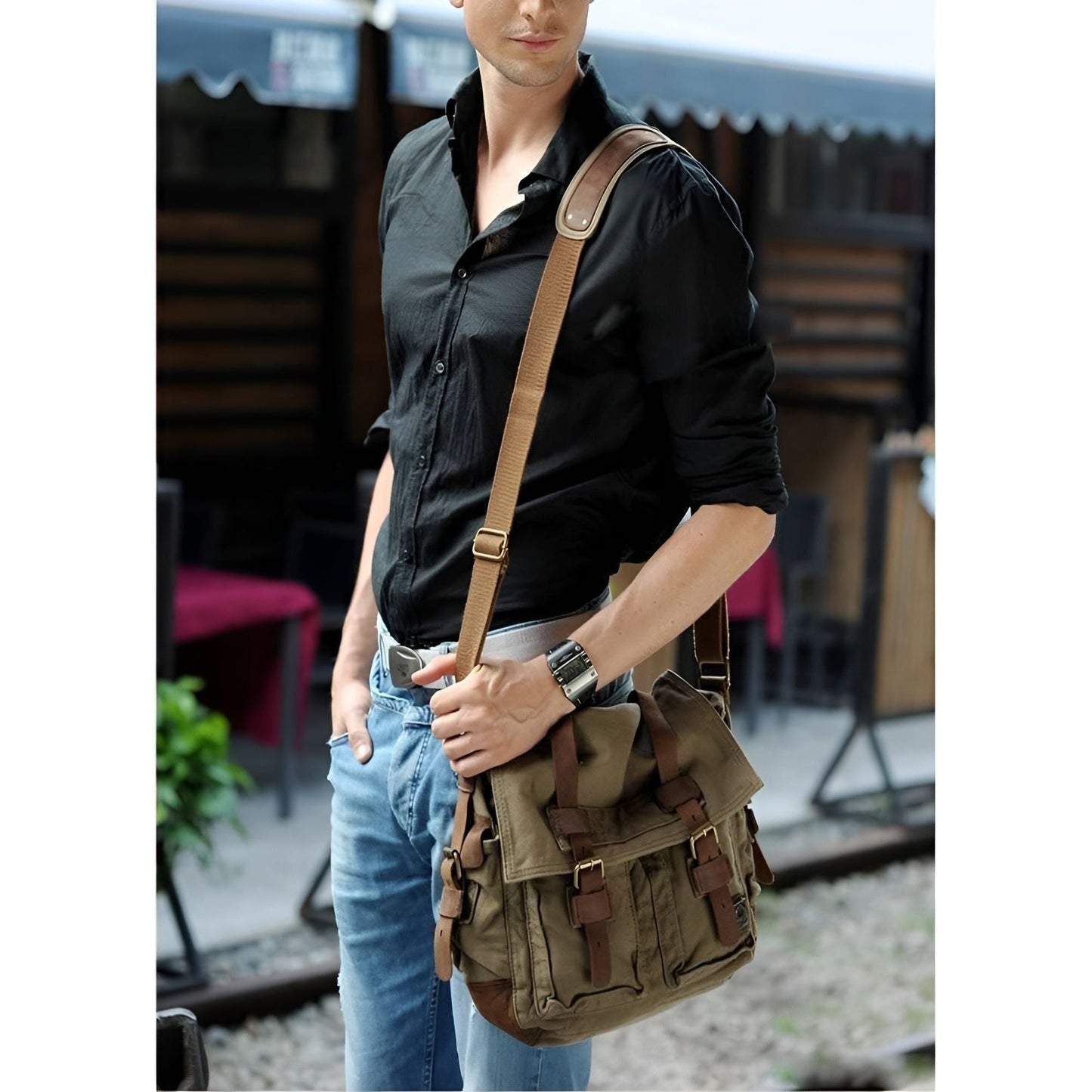 Nuxetia – Men’s Vintage Canvas Messenger Bag with PU Leather Accents